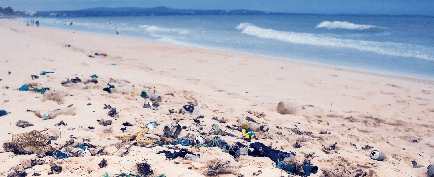 Sand beach filled with waste.