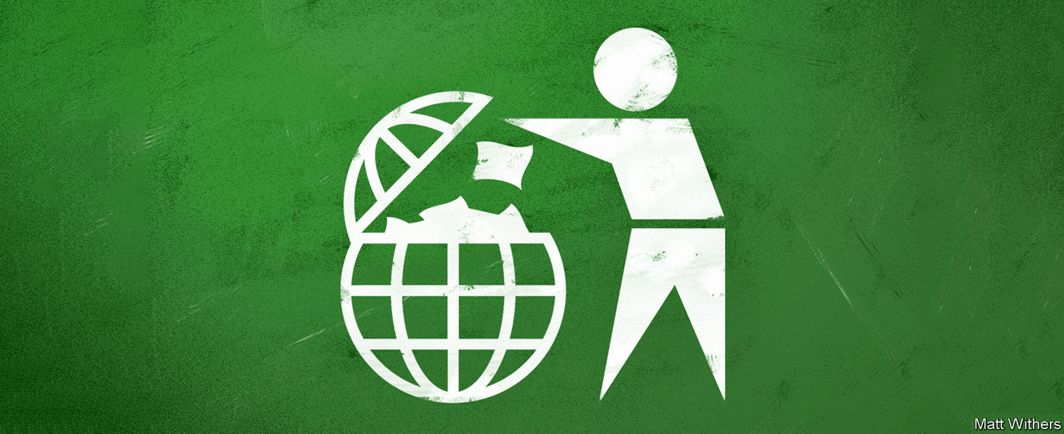 Stick figure throwing trash at a globe shaped bin.