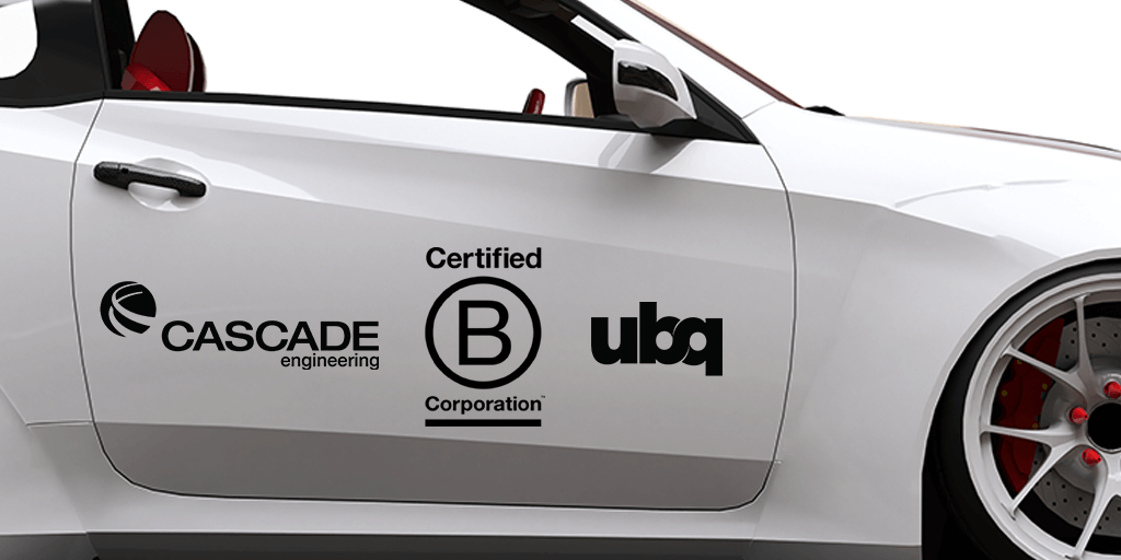 White sports car bearing the logos of Cascade Engineering, B corporation certification and UBQ.