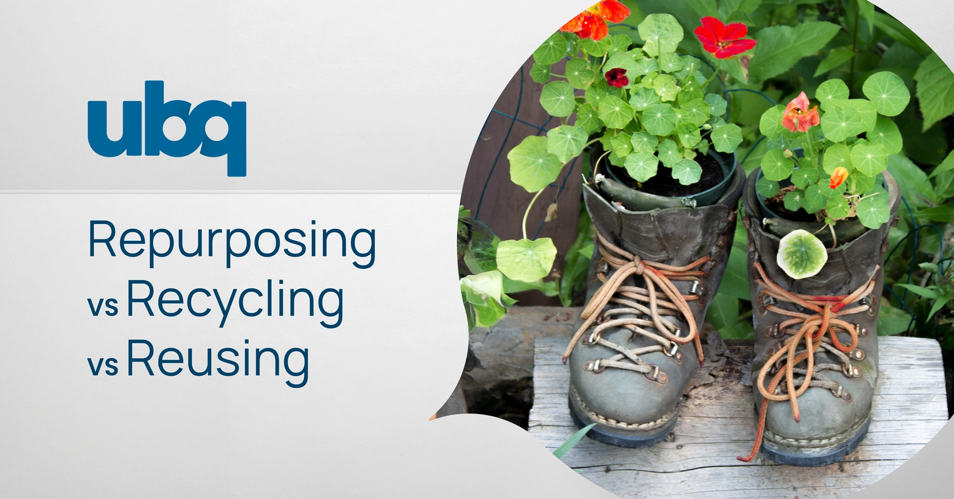 Graphic with UBQ logo and text "Repurposing vs Recycling vs Reusing." Photo of old hiking boots repurposed as plant pots with green leaves and red flowers.