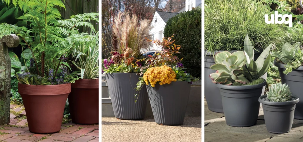 Assorted outdoor planters filled with ferns, flowers, and succulents arranged in different garden settings, highlighting sustainable UBQ material planter options.